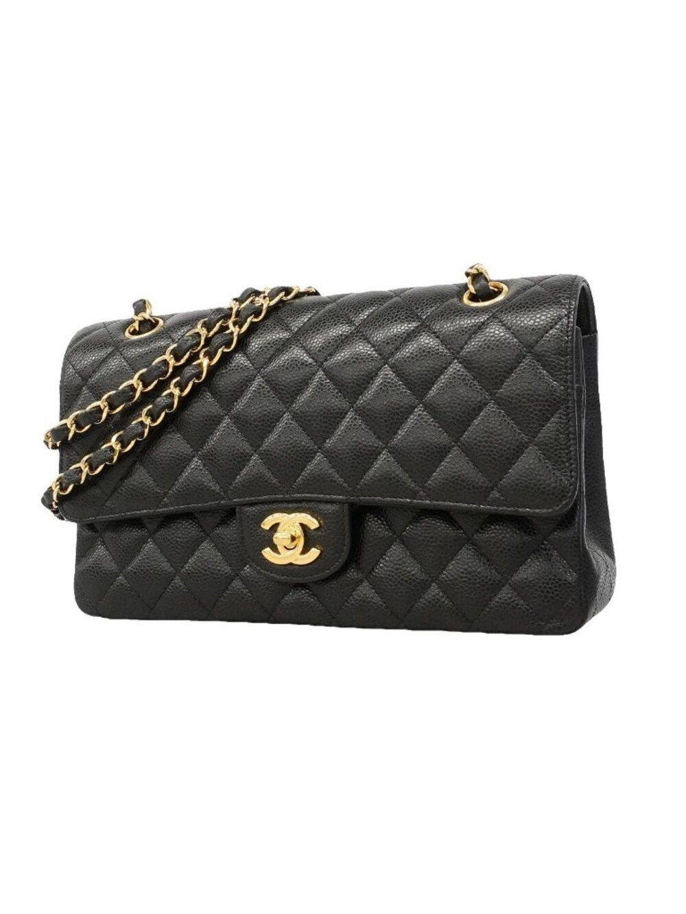 Chanel Shoulder Bag Quilted Caviar Leather Black Gold